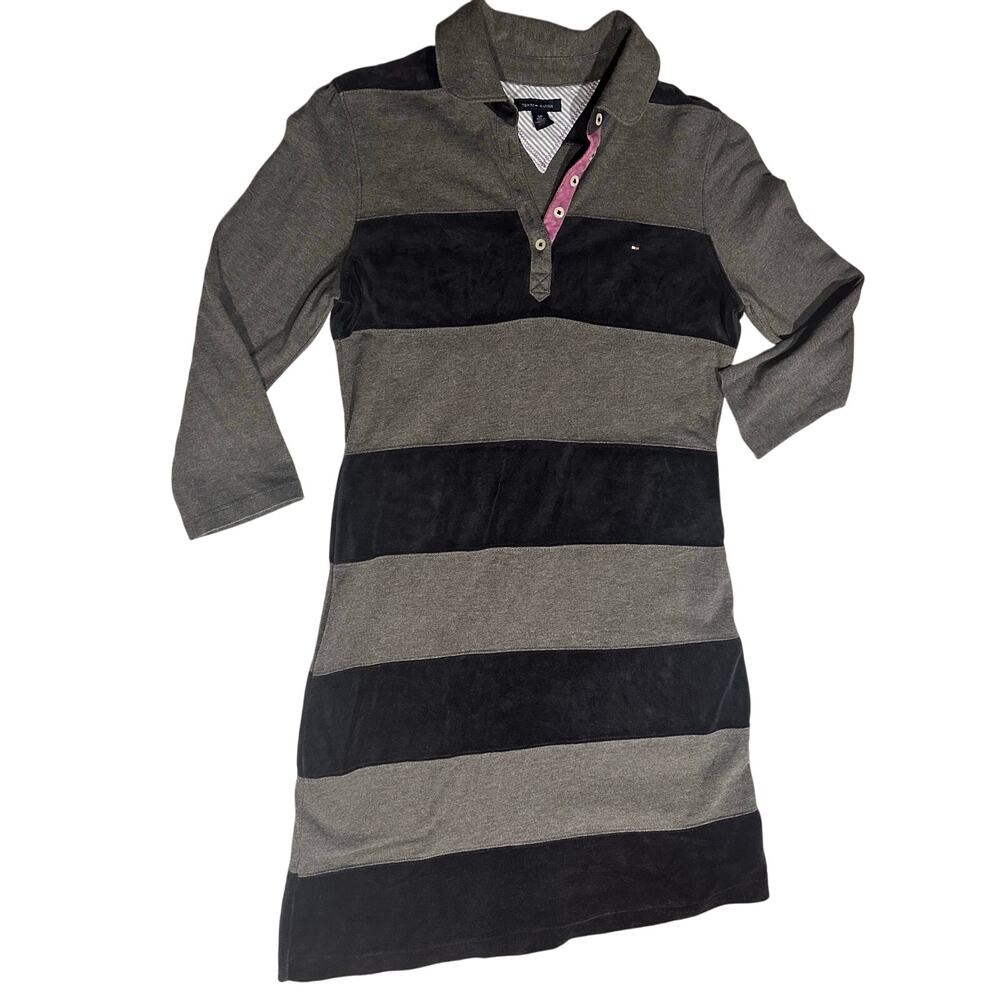 Tommy Hilfiger Women small Gray Blue Striped Polo Shirt Dress 3/4 Sleeve Velvet